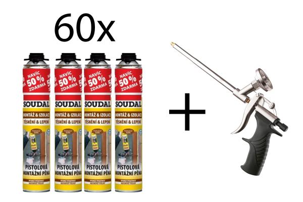 60x Soudal montážna pena pištoľová nízkoexpanzná 750ml + pištoľ ZADARMO